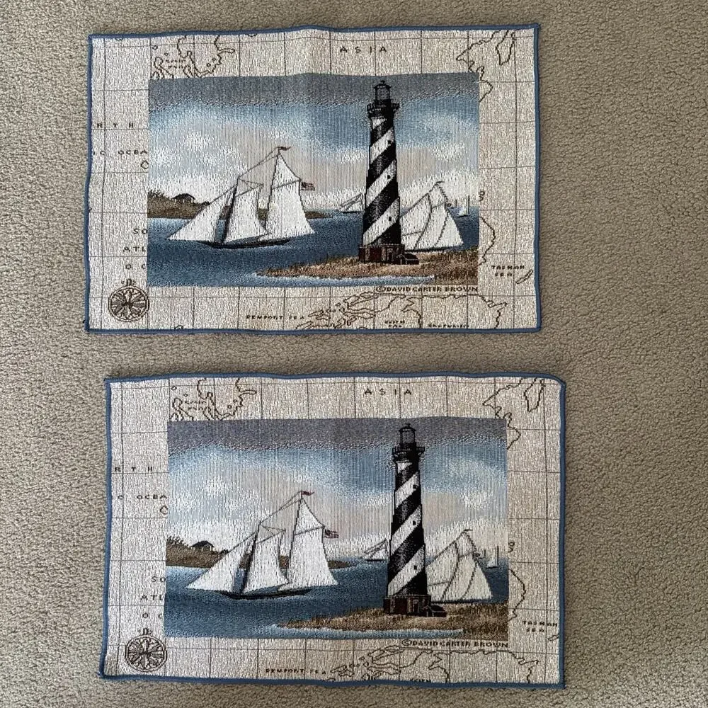 Pair Nautical Lighthouse Sailboat Woven Tapestry Placemats Coastal 18x12 Vtg